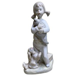 Lladro Girl with Pets Figurine - White and Gray
